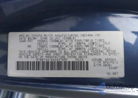 2004 Toyota Tundra Sr5 V8 из США, поврежденный, VIN 5TBBT44164S447695